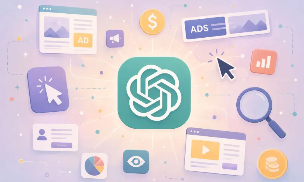 en el centro un logo de ChatGPT. A su alrededor saltan iconos virtuales relacionados con publicidad, como representaciones de banners, clics, ratón de ordenador, lupa, dinero...