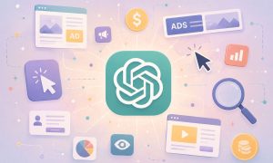 en el centro un logo de ChatGPT. A su alrededor saltan iconos virtuales relacionados con publicidad, como representaciones de banners, clics, ratón de ordenador, lupa, dinero...