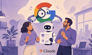 Imagen de una mujer compartiendo un documento, sostenido por un robot, con un hombre. Sobre ellos se cierne un muñeco que es la G de Google que está usando una lupa para ver el documento, espiándolos. Bajo el robot del documento se ve el logo de Claude.