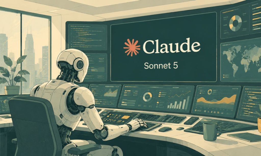 Imagen de un robot humanoide en una sala de mandos moderna repleta de ordenadores. El robot está controlándolos. En la pantalla central, la más grande, se ve el logo de claude y bajo este se lee "Sonnet 5"