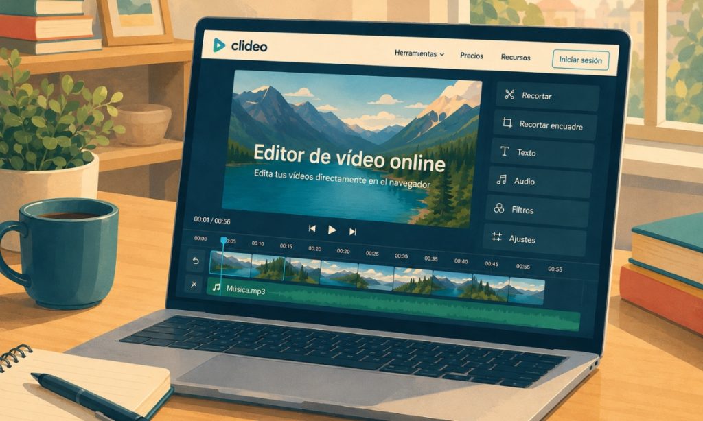 Ordenador portátil con Clideo abierto en el navegador, mostrando una interfaz de edición de vídeo con línea de tiempo, herramientas de recorte, texto, audio, filtros y ajustes.