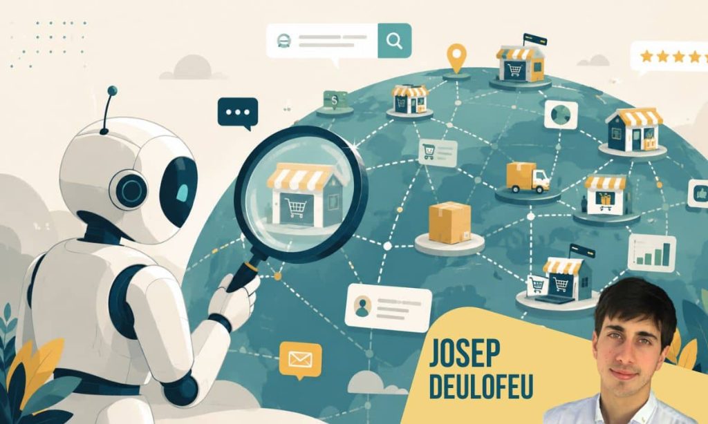 una imagen 16/9 en la que aparezca un robot mirando con una lupa un mundo virtual en el que se representa un entorno de ecommerce, con poequeñas tiendas online, iconos de nodos, paquetes, dinero
