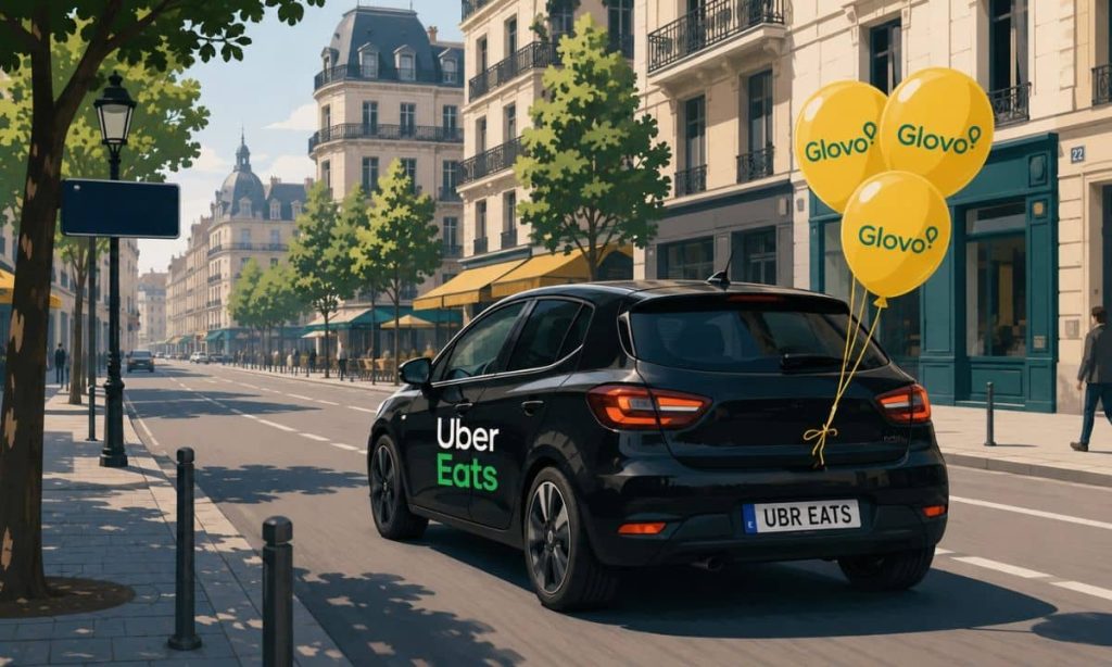 This illustration portrays a vibrant European city street, featuring a compact black Uber Eats delivery car passing by classic stone buildings, trees, and cafes. The car, adorned with large "Uber Eats" text and floating yellow balloons with the "Glovo" logo, draws attention as it drives down a sunny, picturesque road framed by elegant, muted architecture and minimal pedestrians.