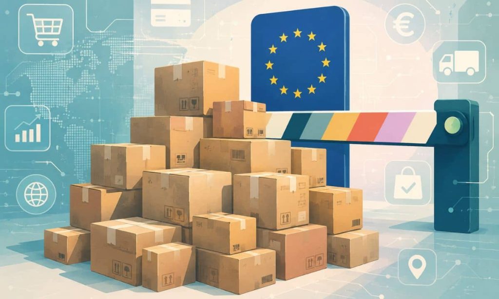 un gran montón de cajas de cartón frente a una barrera inspirada en la Unión Europea, integrada en un entorno cibernético con iconos de comercio electrónico y una composición limpia