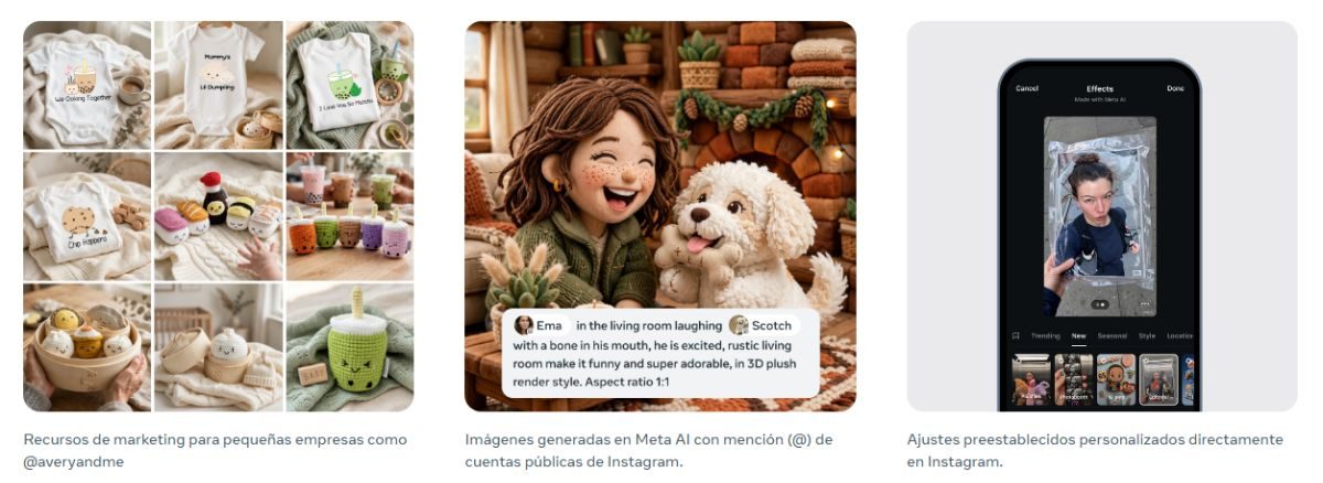 Imagen que muestra distintos posibles usos de Muse Image en el ecosistema de Meta.