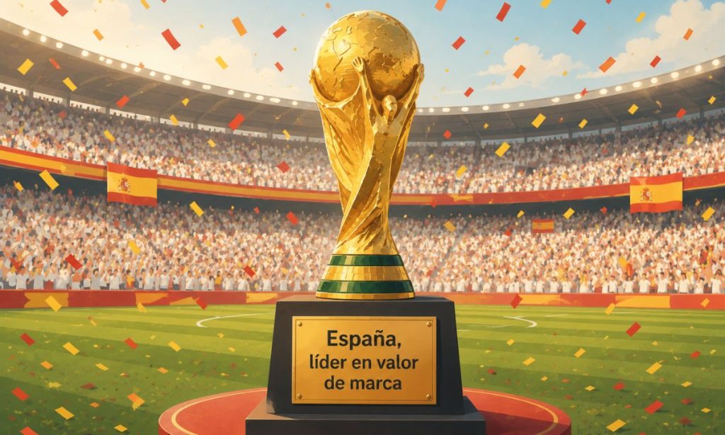Imagen de un trofeo como el de la Copa Mundial de la FIFA en cuya placa de la base se lee "España, líder en valor de marca". El trofeo está sobre un atril en medio de un campo de fútbol con las gradas llenas y en el que cae confeti rojo y amarillo.