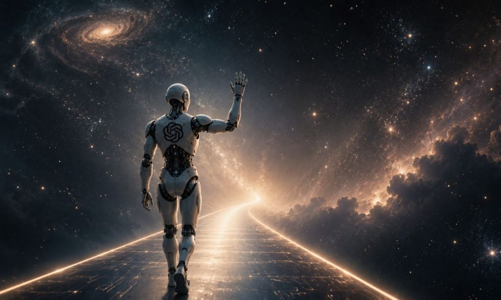 imagen de un robot humanoide imponente marchándose por un sendero de luz hacia el vacío del universo. El robot se despide con la mano, de espaldas al espectador.