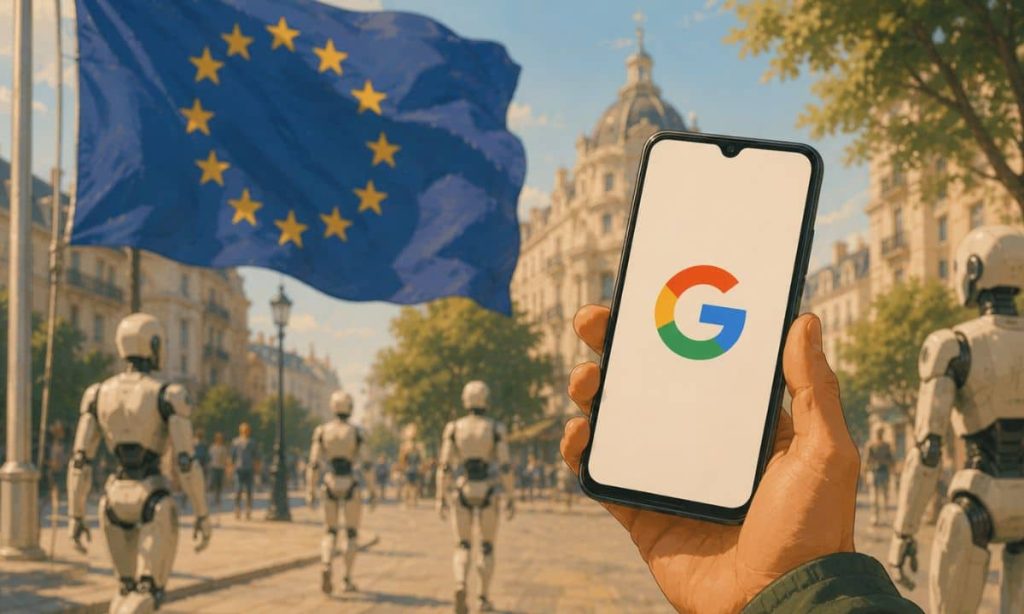 una mano sujetando un móvil en cuya pantalla aparece el ogo de la g de google. De fondo, una bandera de la unión europea ondea. Se ven androides caminando por la calle en segundo plano, poco enfocados