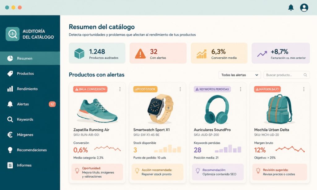 Panel de auditoría de catálogo con productos en alerta por baja conversión, poco stock, keywords perdidas y margen bajo.