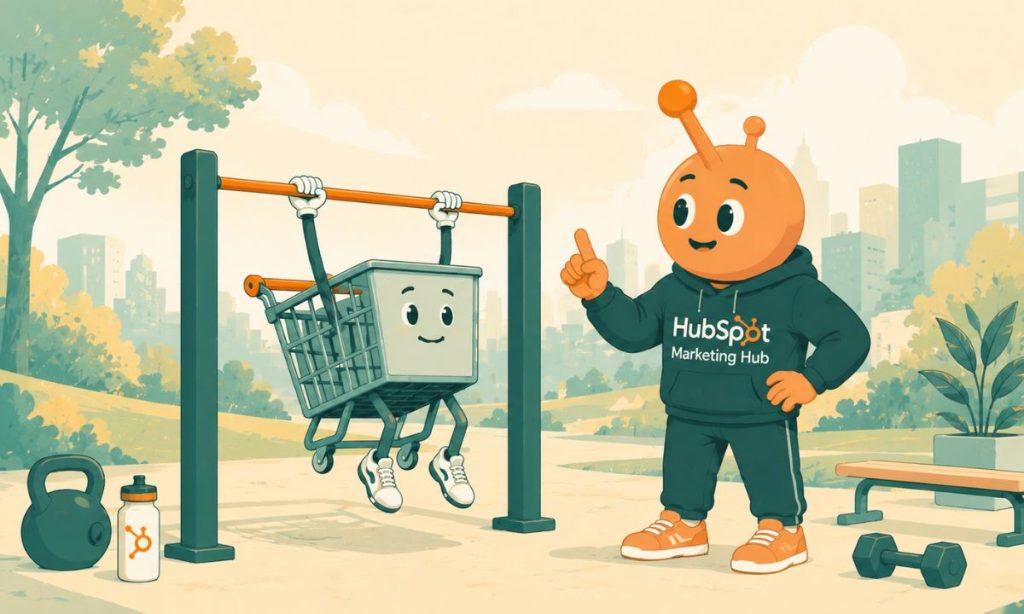 Ilustración de un personaje de HubSpot Marketing Hub entrenando a un carrito de compra antropomórfico en una barra de dominadas, como metáfora del crecimiento y la optimización de un eCommerce mediante automatización e inteligencia artificial.