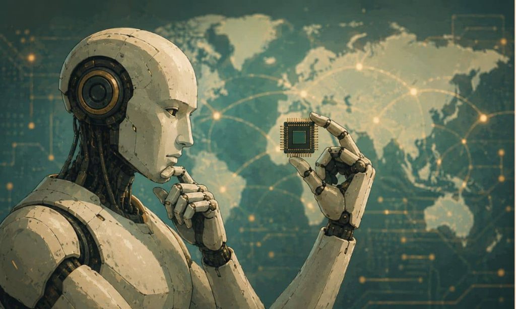 un robot, contemplando pensativo, un microchip que sujeta con su mano a la altura de sus ojos. El fondo, ligeramente desenfocado, representa un mapa de la Tierra, perfilado de forma esquemática, con nodos y aspecto ligeramente ciberne´tico