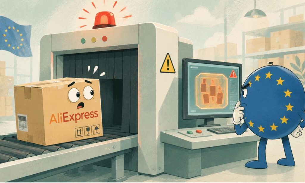 Imagen de una caja con el logo de AliExpress pasando bajo un detector de metales. Sobre el detector de metales, una alarma roja está brillando, en señal de que la caja contiene algo peligroso. La caja tiene cara de sorprendida, porque la han pillado. Junto al detector, analizando la pantalla hay un muñeco redondo que representa la bandera de la Unión Europea.