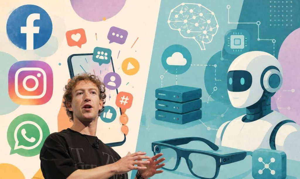 En una mitad aparece una mano sujetando un movil del que salen iconos virtuales relacionados con las redes sociales, y en su fondo están los logos de facebook, instagram y whatsappa. En la otra mitad de la imagen aparece un robot, unas gafas inteligentes e iconos relacionados con la IA, servidores, etc. Zuckerberg sobre el fondo