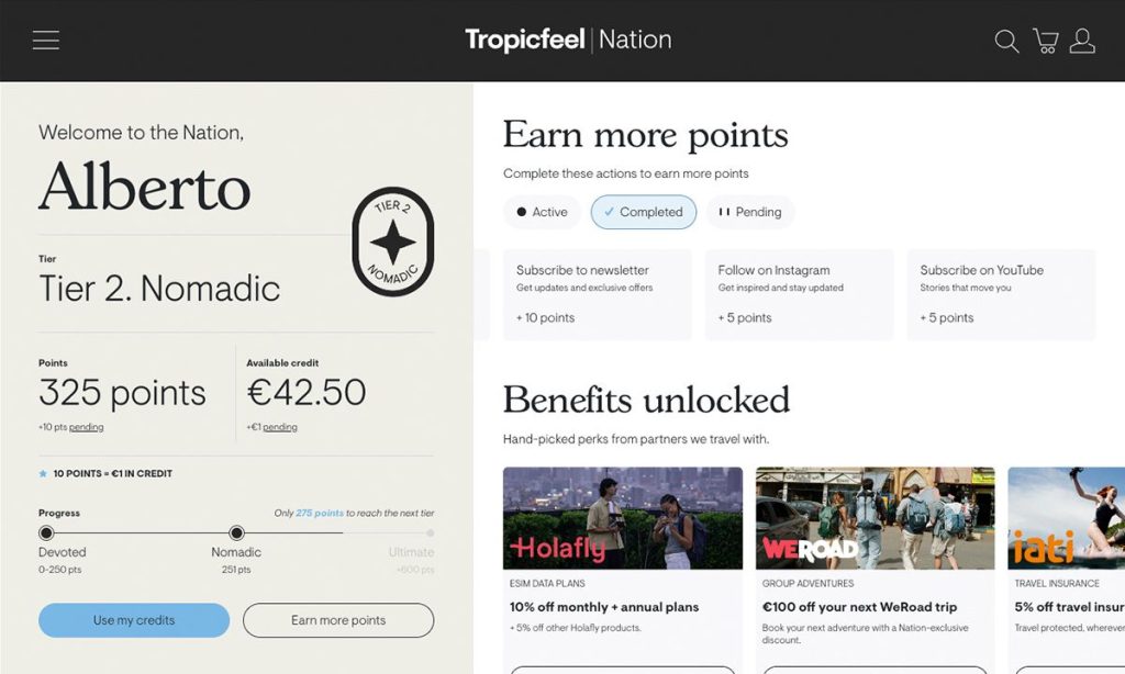Imagen que muestra una vista del nuevo programa de fidelización de Tropicfeel, Tropicfeel Nation.