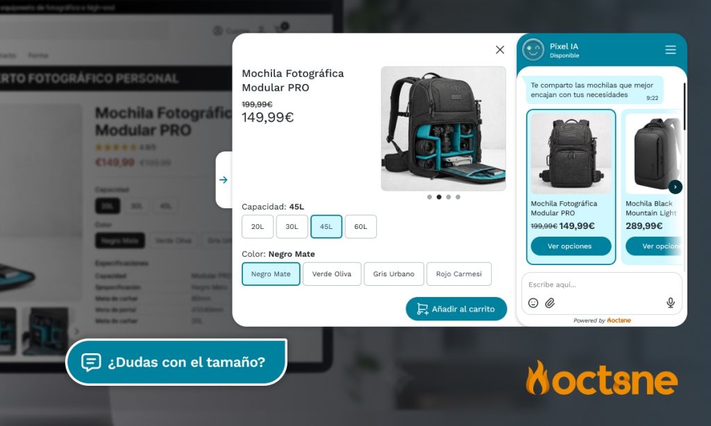 Interfaz de Oct8ne mostrando un chat conversacional con recomendaciones de producto, variantes seleccionables y opción de añadir al carrito desde la conversación.
