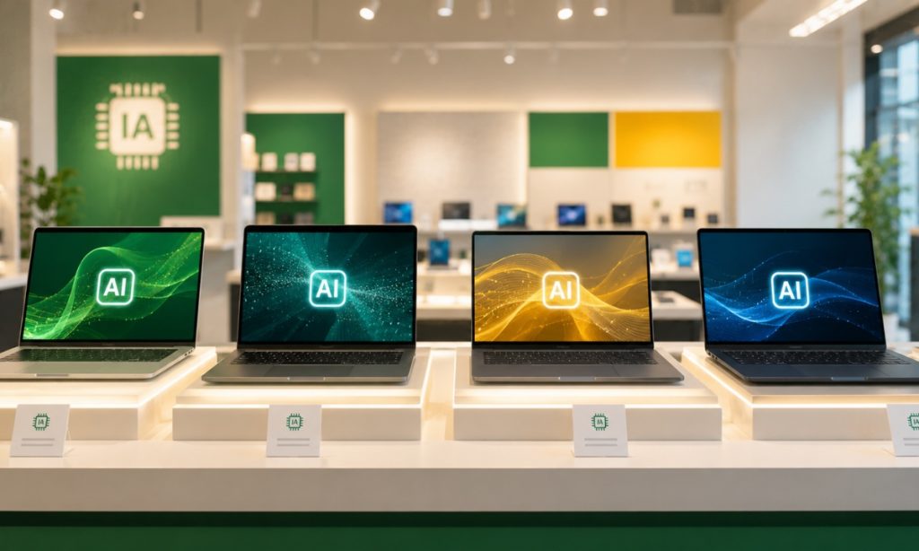 Escaparate de una tienda de tecnología con varios ordenadores portátiles que muestran gráficos de inteligencia artificial en sus pantallas.