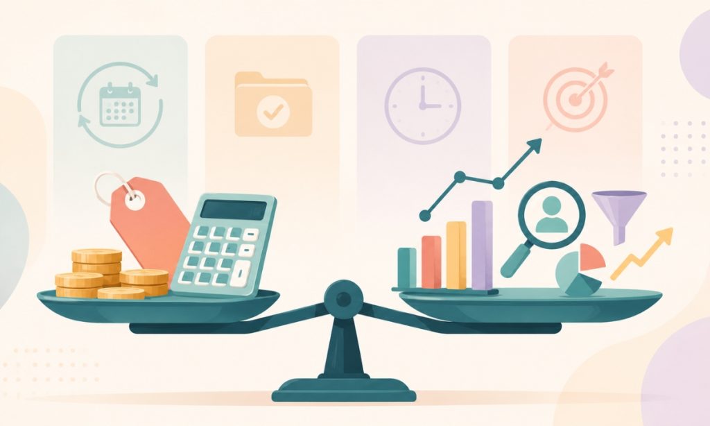 Ilustración profesional de una balanza. En un lado aparecen monedas, una calculadora y una etiqueta de precio. En el otro, iconos de ventas, leads, tráfico, conversión y crecimiento. Al fondo, de forma sutil, cuatro tarjetas que representan retainer mensual, proyecto cerrado, facturación por horas y pago por resultados. Sin textos, con una estética limpia y moderna.