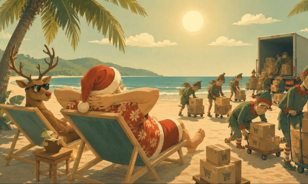 Papá Noel tomando el sol en la playa, tumbado en una tumbona. Se le ve de espaldas. A su lado, el reno Rudolf con gafas de sol. A su lado un montón de elfos recogen paquetes y que cargan en carretillas. Los elfos parecen cansados