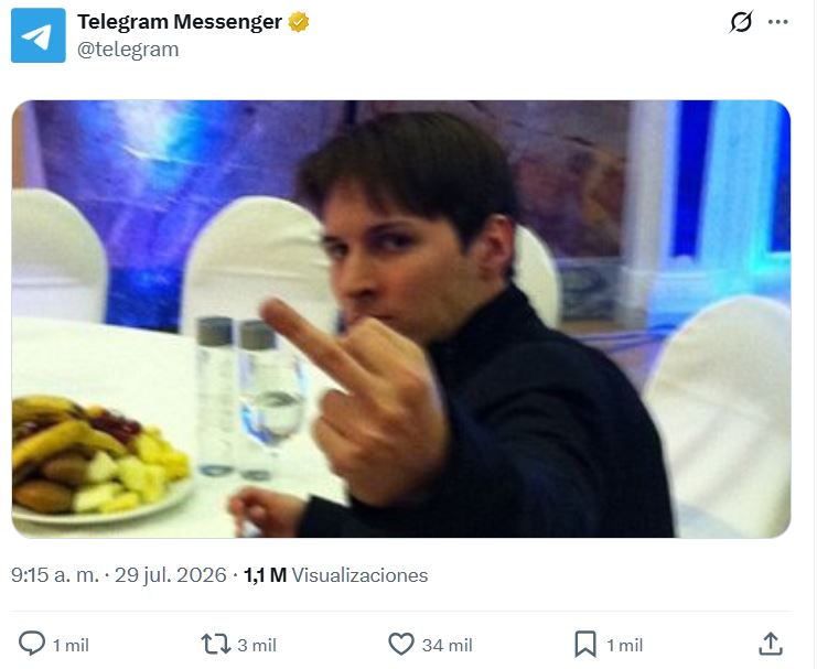 pavel durov haciendo un corte de mangas a la c&aacute;mara, publicaci&oacute;n de X