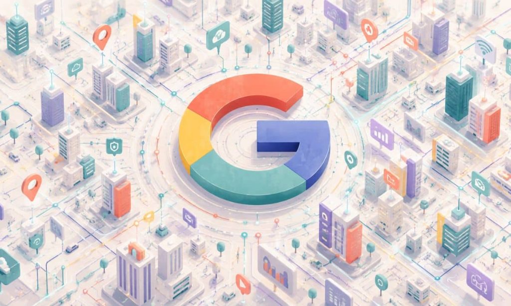 : Con un plano casi cenital, se ve una caiudad de aspecto cibernético (nodos, conexiones) en la que aparece en el centro una gigantesca G del logo de Google