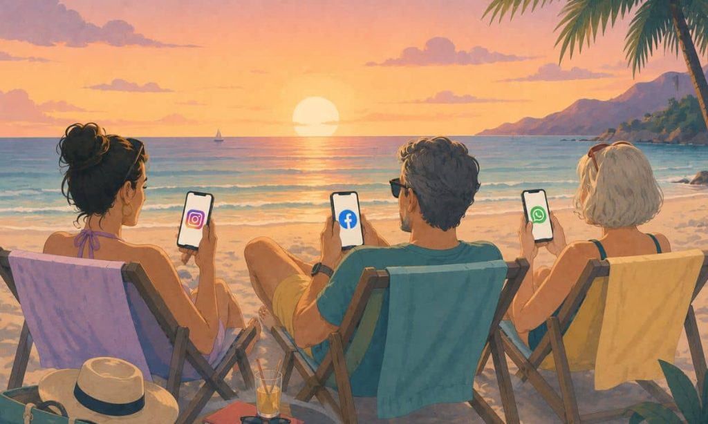tres personas utilzando el móvil, dos mujeres y un hombre, de edades y aspectos físicos distintos, entre 30 y 50 años. Están tumbados en tumbonas en la playa, mientras de fondo se ve el atradecer. En la pantalla de cada movil aparece uno de estos tres logos: instagram, facebook y whatsapp