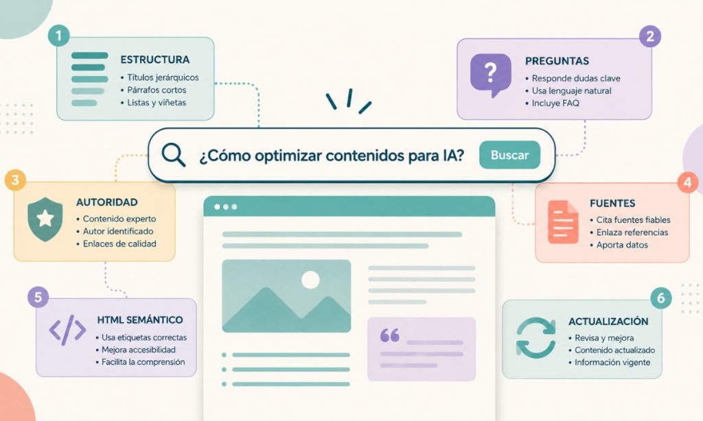 Infografía sobre cómo optimizar contenidos para buscadores con IA, destacando estructura, preguntas, autoridad, fuentes, HTML semántico y actualización.