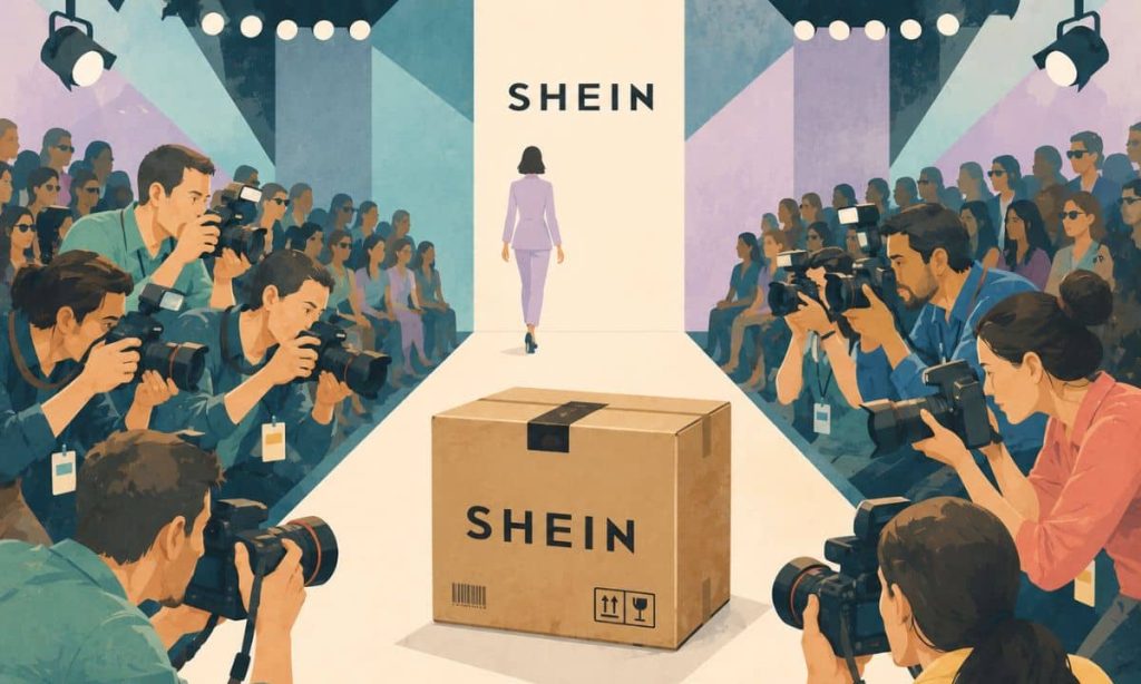Ilustración de estilo revista profesional en formato panorámico. En el centro de una pasarela de moda hay una caja de cartón con el logotipo de SHEIN mientras numerosos fotógrafos la rodean tomando fotografías con sus cámaras. La escena utiliza una paleta de colores suaves con predominio de azules verdosos, amarillo, coral, lila y crema, evocando el protagonismo mediático de la marca en el mundo de la moda.