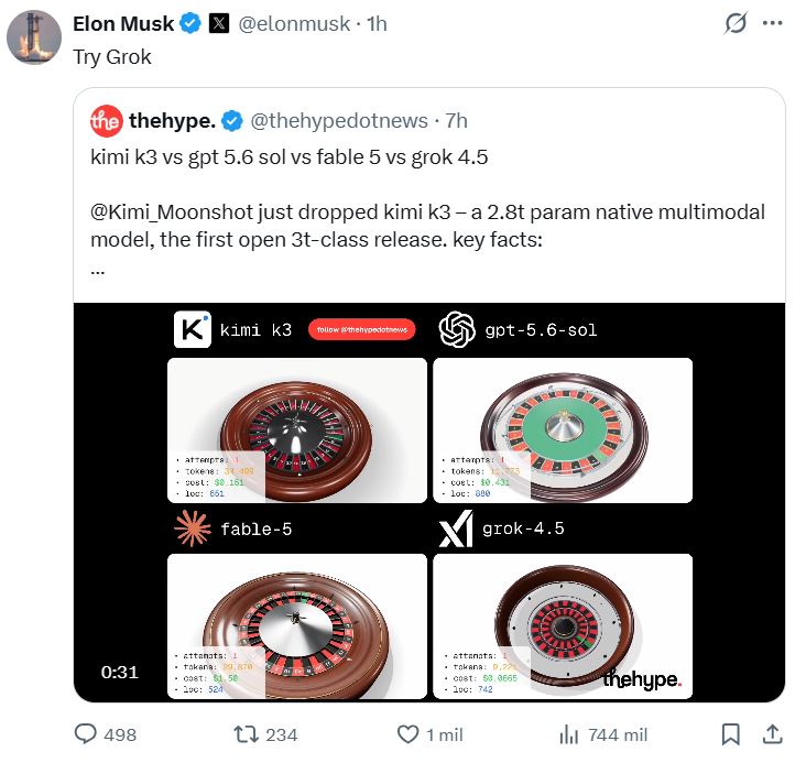 tuit de elon musk sobre kimi k3