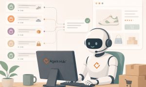 Robot de atención al cliente gestionando agentes de IA y tareas de eCommerce desde la plataforma Agent Hub.