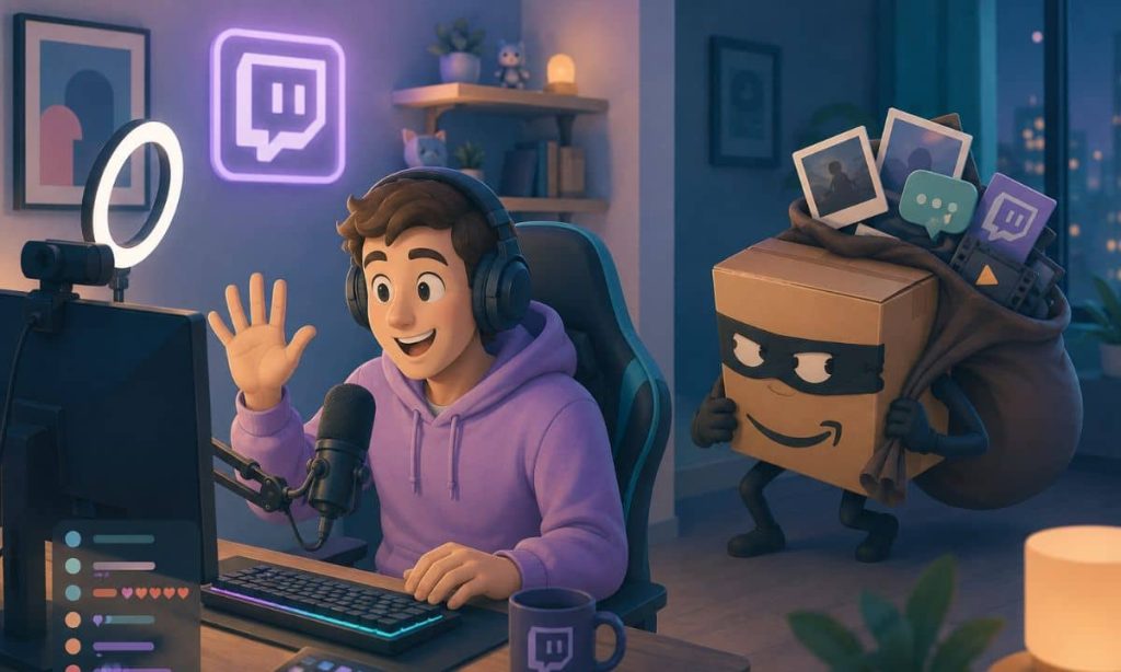 una imagen en la que se vea a un influencer hacieendo desde su casa un directo en Twitch. Sigilosamente, a su lado una caja de Amazon antropomorfizada y con antifaz se acerca con un saco a la espalda, del que sobresalen algunas fotografías estilo polaroid, cintas de vídeo, iconos de conversacion...