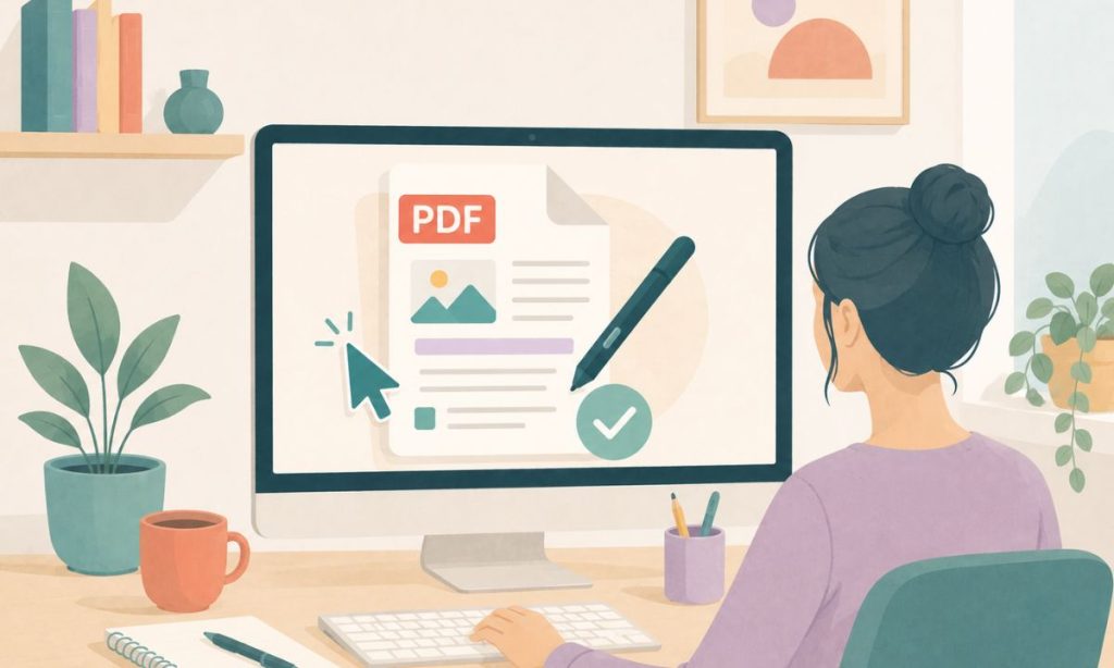 Mujer editando un documento PDF desde un ordenador, con herramientas de corrección y una marca de verificación en pantalla.