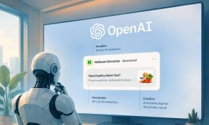 un androide observa una pantalla en la que aparece el logo de openai y un anuncio de chatgpt
