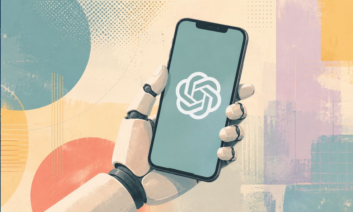 un móvil en el que aparece el logo de openai. El móvil está siendo sujetado por una mano de un androide. EL fondo es de pautas, tramas etc, sin texto y sin significado alguno ,solo son de fondo