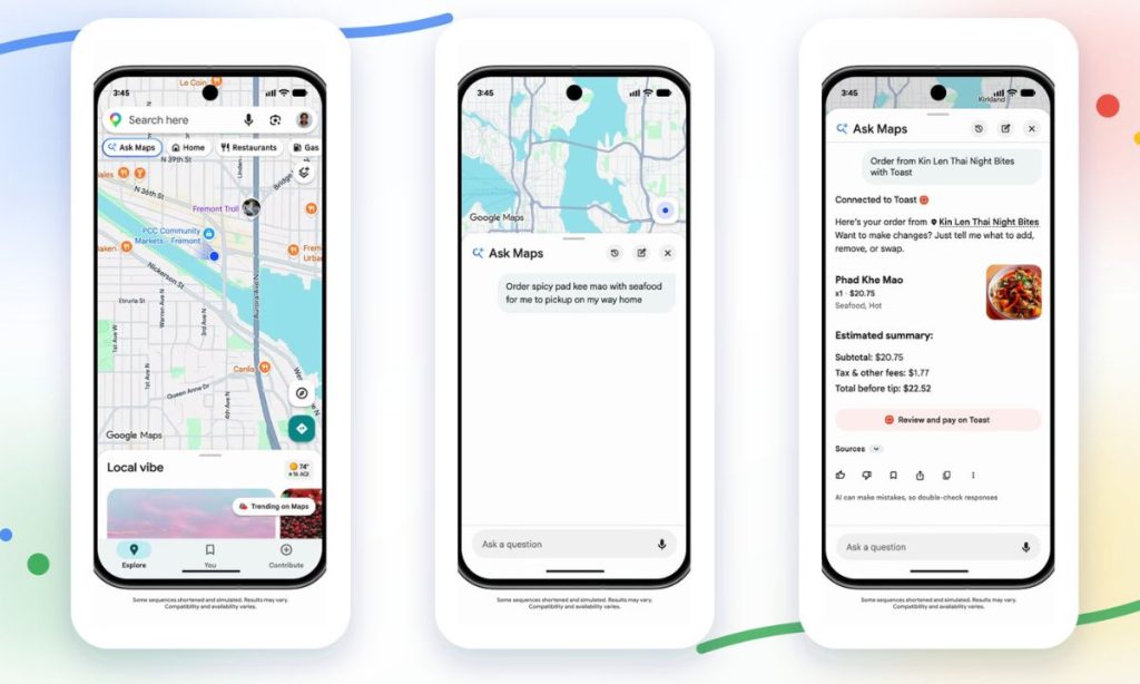 tres capturas de movil en paralelo que enseñan como funciona ask maps en google