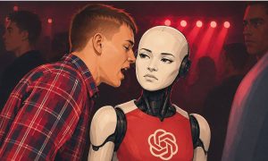 recreación de un meme en la que un chico vestido de camisa roja habla a un androide con el logo de openai mientras están en una discoteca