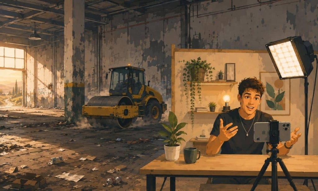 zca un chico joven, un influencer, hablando ante un móvil que está sujeto en un trípode. Está grabando un vídeo y todo parece maravillosoo, le ilumina una luz estupenda, tiene un fondo cuidado detrás pero.... al abrirse el plano está todo sucio y vacío y oscuro. Pasa una planta rodadora por detras
