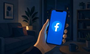 una mano sujeta un movil en el que aparece el logo de facebook. Está en una sala mal iluminada