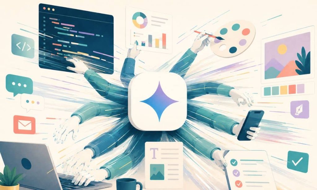 en el centro de la pantalla aparece un icono de Gemini. Está moviendo los brazos (múltiples brazos) a toda velocidad, dejando estelas de velocidad, y haciendo múltiples tareas (teclear en un ordenador, usar un móvil, aparecen líneas de código de desarrollo, una paleta de pintor...)