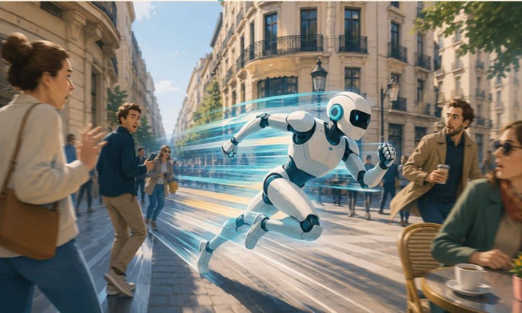 un androide corre a toda velocidad por una calle europea, dejando una estela a su paso, la gente lo mira sorprendido