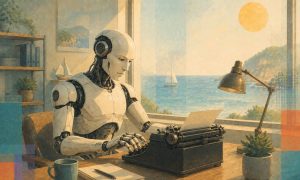 un androide trabaja con una maquina de escribir antigua en una oficina con una ventana que da al mar