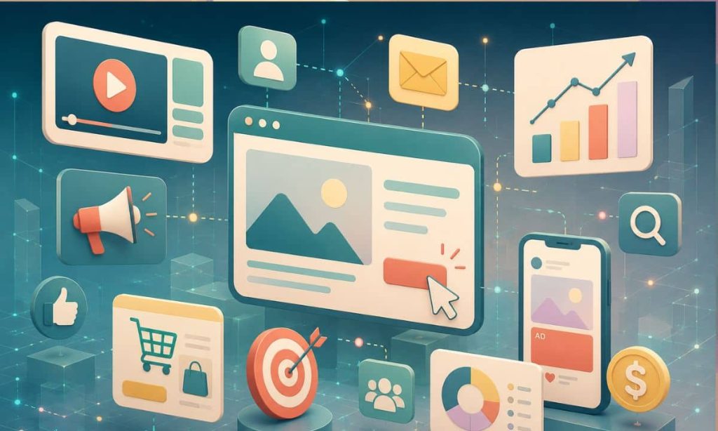 distintos formatos de publicidad digital —vídeo, social, display, ecommerce, email, analítica, segmentación y búsqueda— flotando dentro de un ecosistema cibernético conectado,