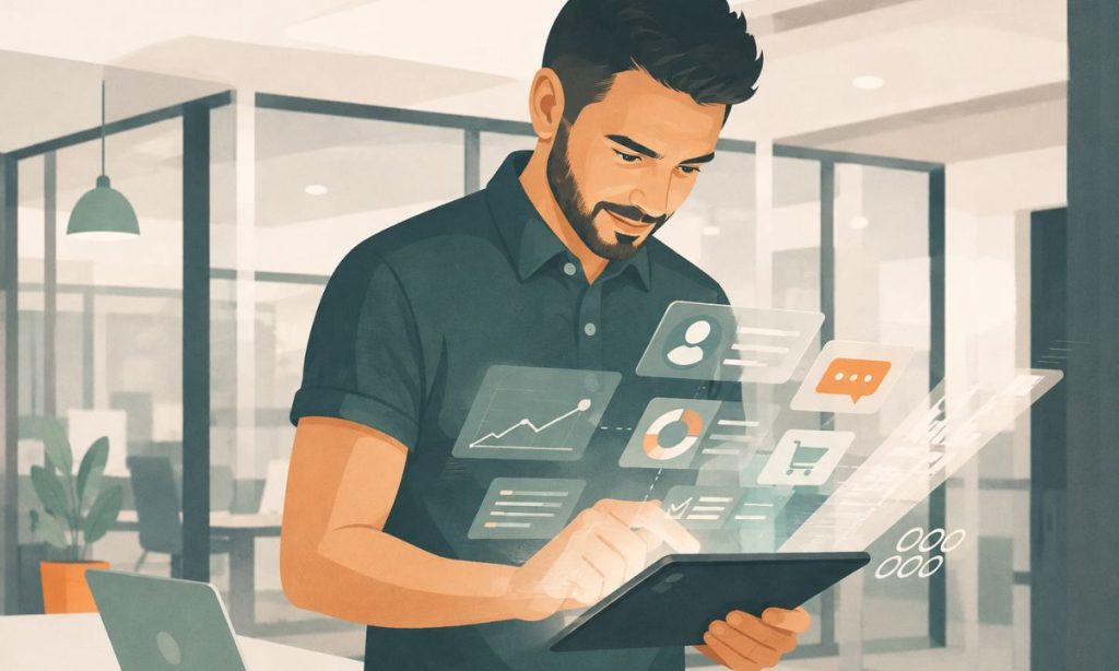 Profesional analizando desde una tableta datos de clientes, ventas y canales digitales para coordinar una estrategia de eCommerce.