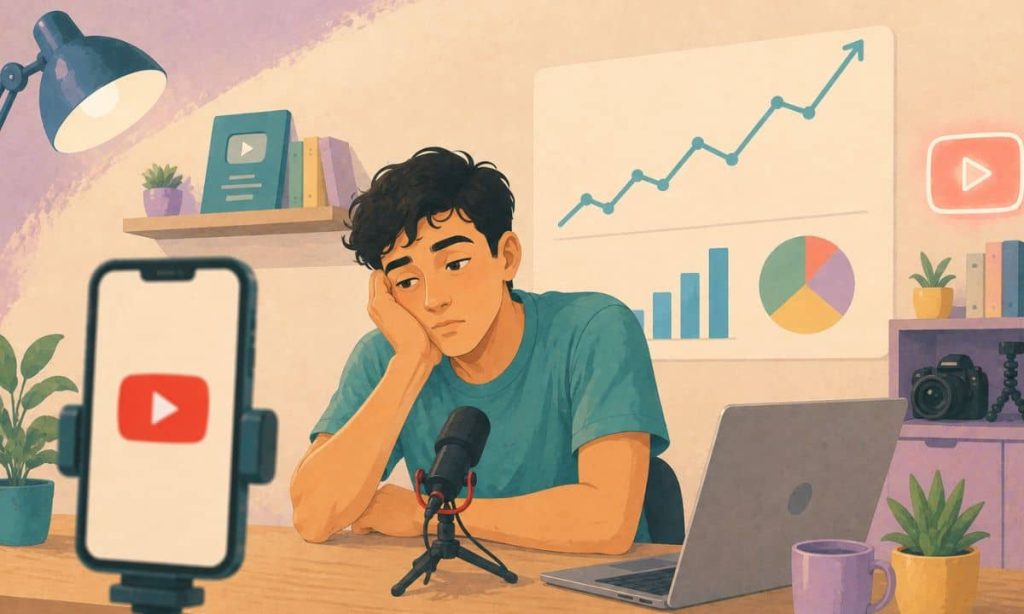 un youtuber, un chico joven, aburrido mientras graba un vídeo ante un móvil con el logo de youtube
