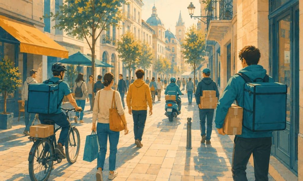 una calle comercial de españa por la que pasa gente y repartidores llevando paquetes