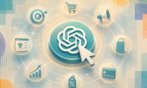 un logo de openai en el centro de un circulo de iconos relacionados con la publicidad digital y el ecommerce