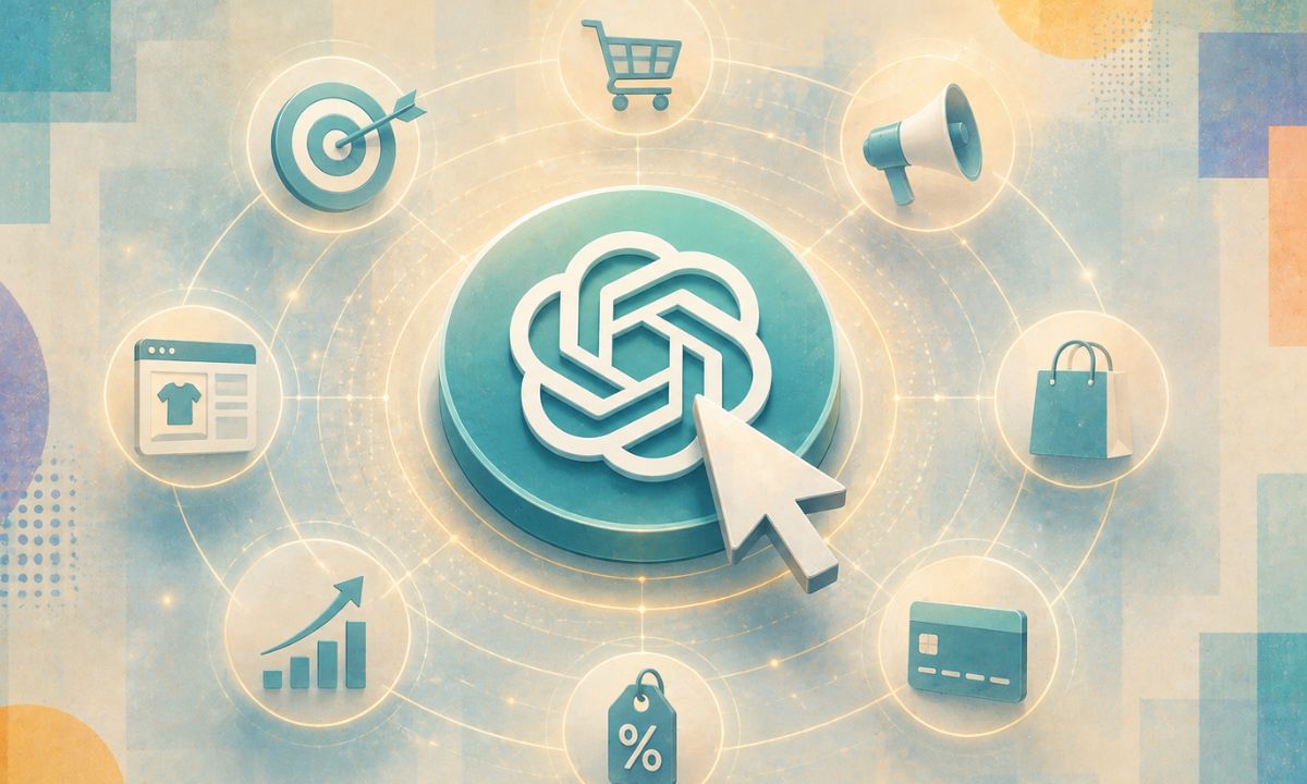 un logo de openai en el centro de un circulo de iconos relacionados con la publicidad digital y el ecommerce