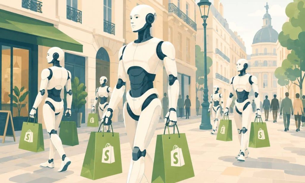 ilustración en la que robots androides caminan por la calle con bolsas de shopify