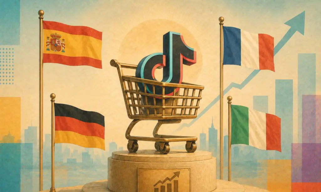 Imagen que muestra una estatua de un carrito de la compra con el logo de TikTok dentro. A los lados, aparecen las banderas de España, Alemania, Francia e Italia.