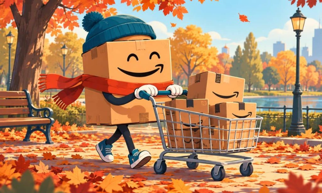 una imagen otoñal, en la que aparezca una caja antropomorfizada de Amazon, dando un paseo por un parque lleno de hojas caidas y anaranjadas. La caja de Amazon va empujando un carrito de la compra en el que hay otros paquetes de amazon
