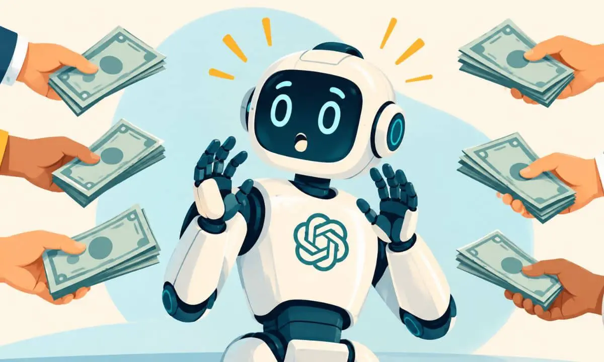 un androide. Tiene cara de sorprendido, patidifuso. De los lados de la imagen aparecen brazos de personas que sujetan billetes, como si se los ofrecieran al androide.